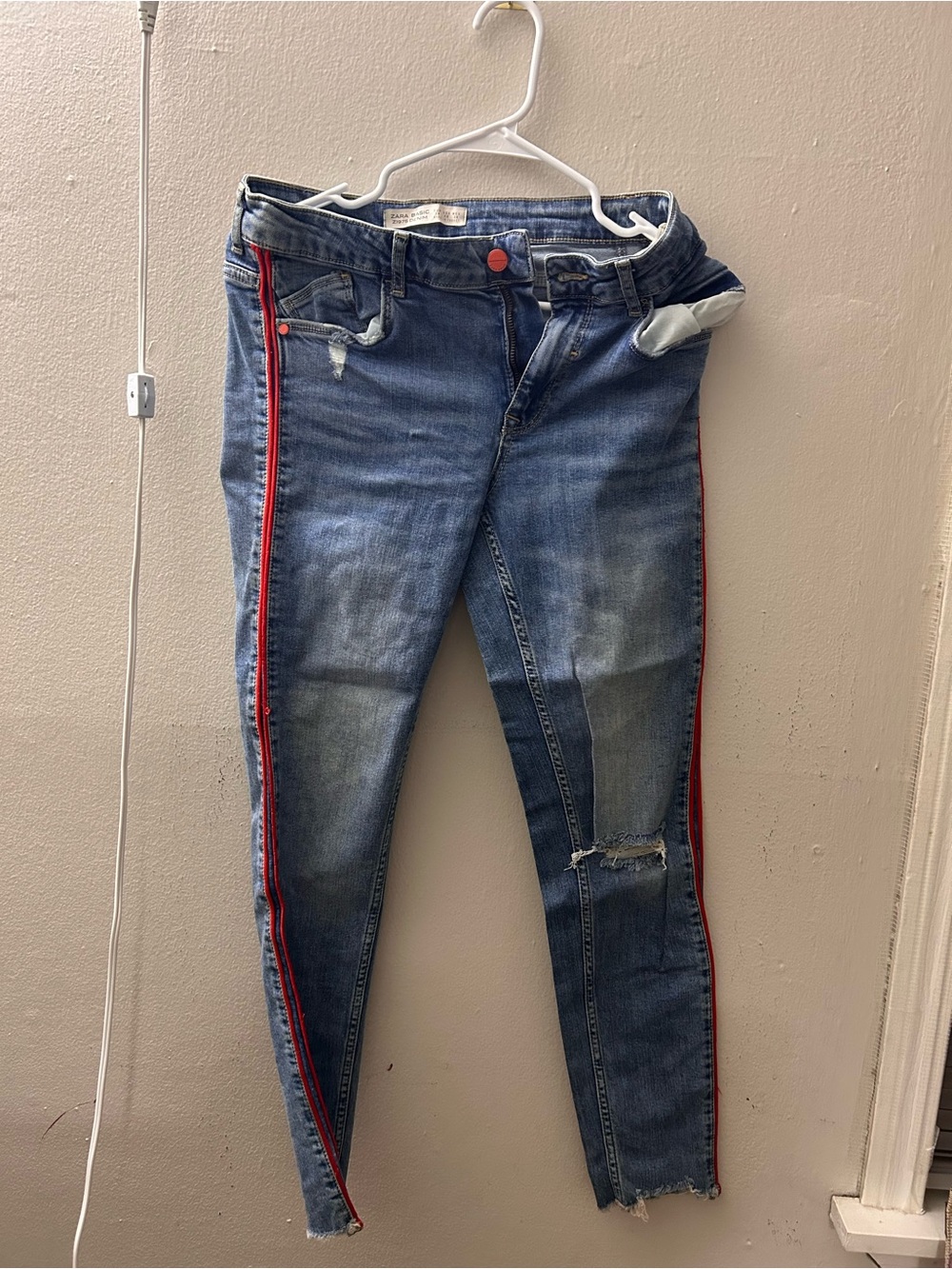 Zara Blue Skinny Jeans with Red Side Stripe